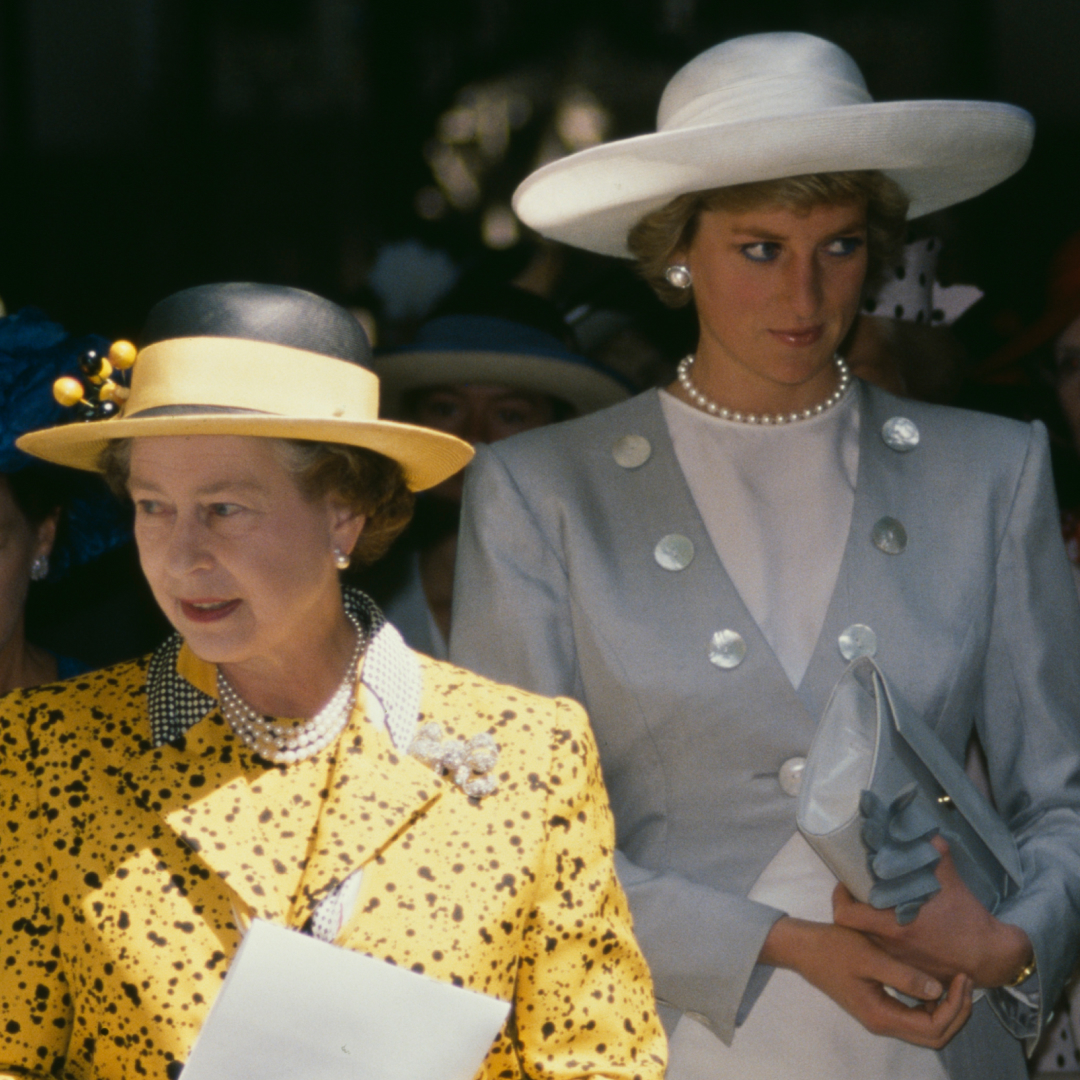 Queen Elizabeth II and Princess Diana attending a wedding on July 30, 1988