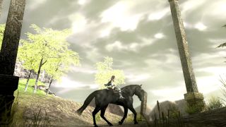 Wander riding a black horse in the PS2 game Shadow Of The Colossus.