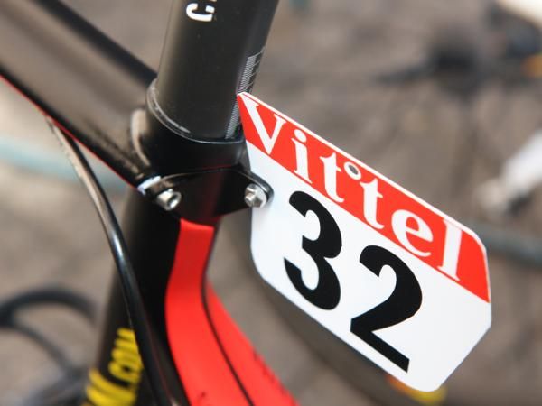 Omega Pharma-Lotto's slick number holders are built into the seatpost clamp on the Aeroad CF.