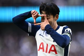 Son Heung-min celebrates a goal for Tottenham against West Ham in October 2024.