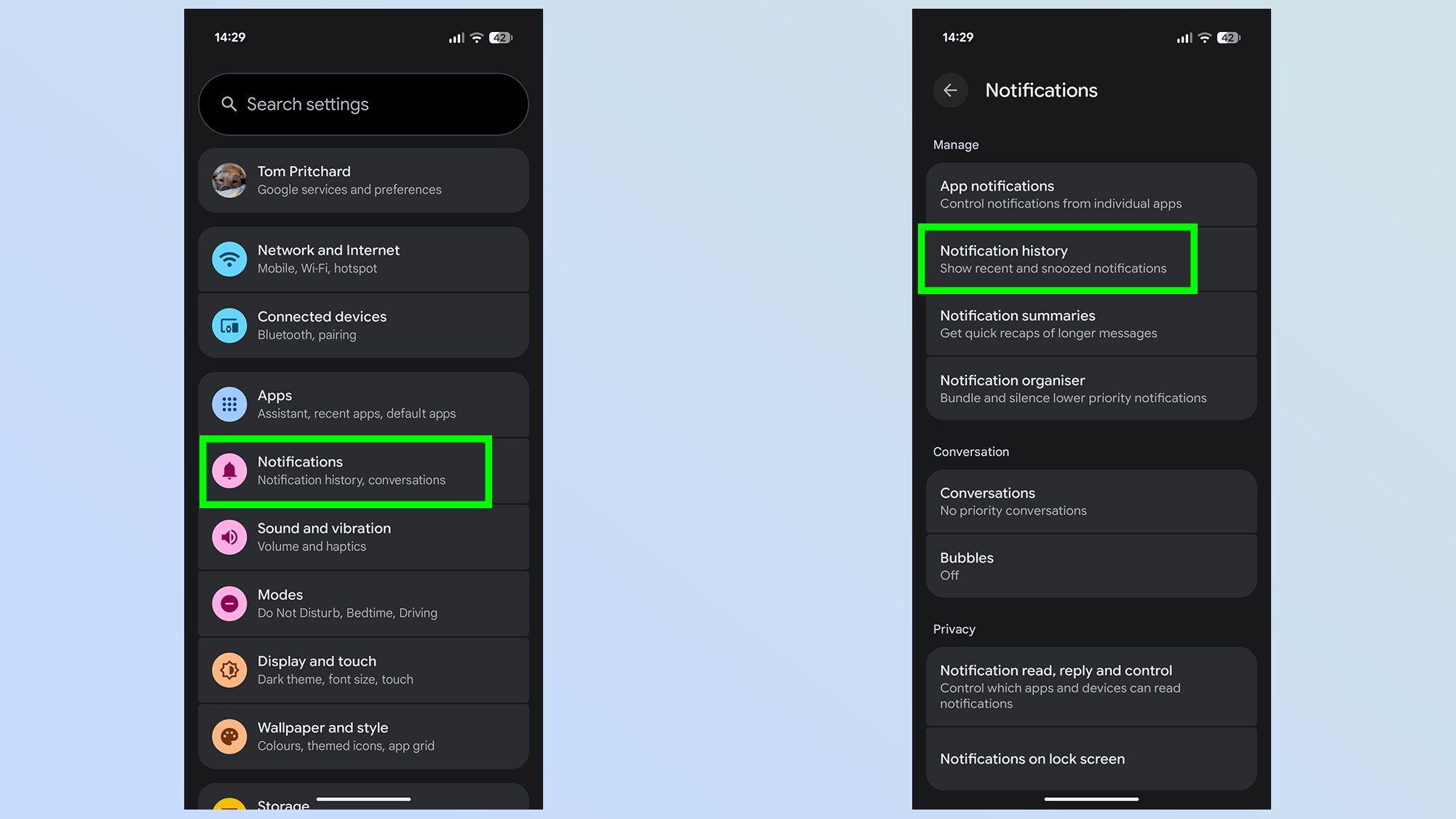 how to turn on notification history in Android