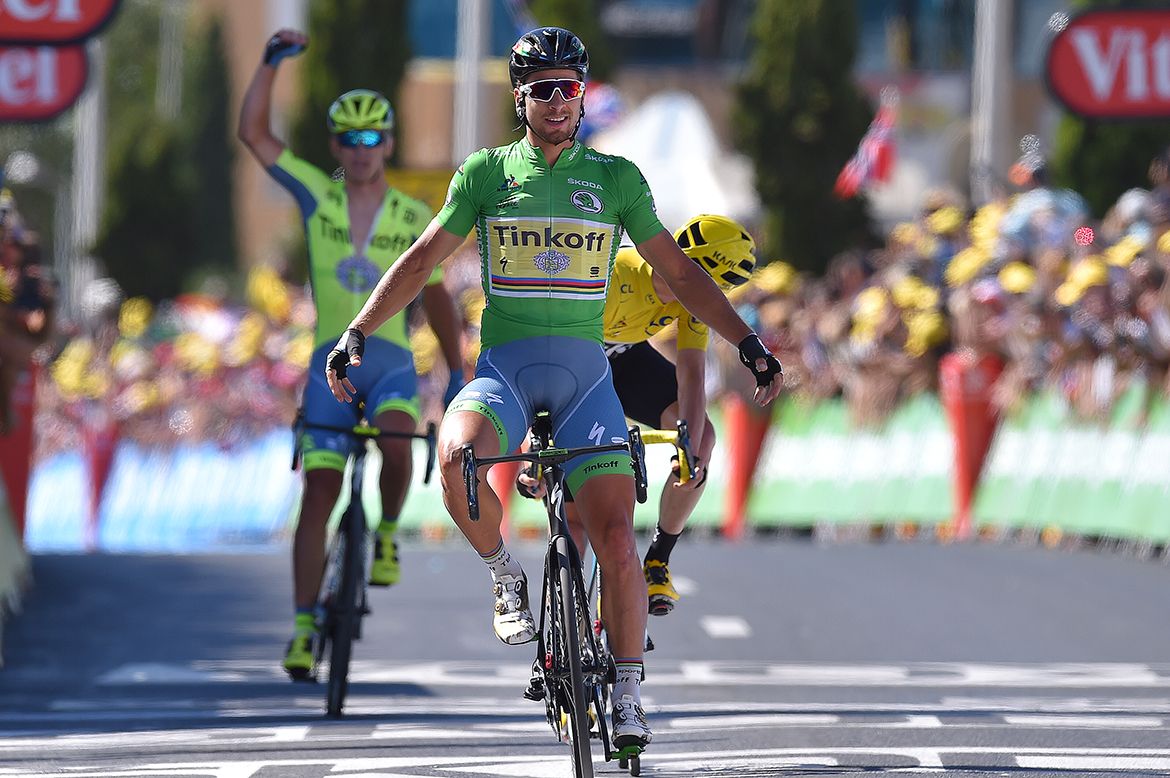 Peter Sagan (Tinkoff) and Maciej Bodnar celebrate their stage win
