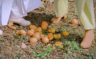 Oranges on the grass between two woman's feet wearing fabric shoes and pants.