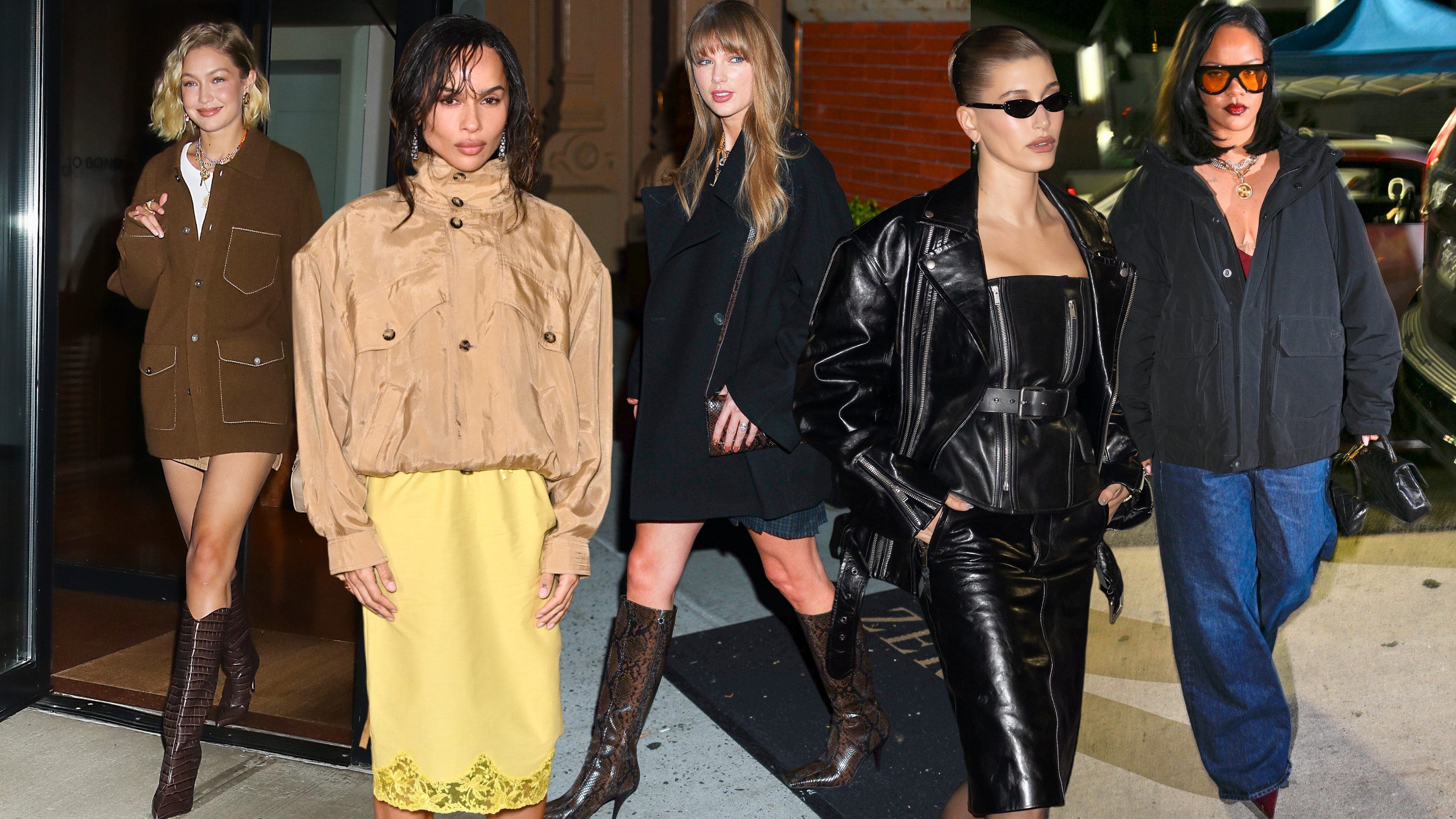 collage of Gigi Hadid, Zoe Kravitz, Taylor Swift, Hailey Bieber, and Rihanna 