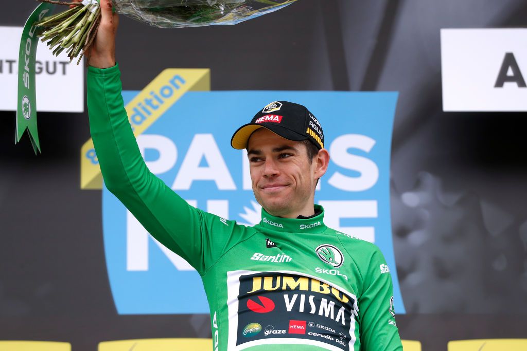 SAINTSAUVEURDEMONTAGUT FRANCE MARCH 10 Wout Van Aert of Belgium and Team Jumbo Visma celebrates at podium as Green Points Jersey winner during the 80th Paris Nice 2022 Stage 5 a 189km stage from SaintJustSaintRambert to SaintSauveurdeMontagut on ParisNice WorldTour March 10 2022 in SaintSauveurdeMontagut France Photo by Bas CzerwinskiGetty Images
