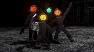 Content Warning screenshot - four characters standing close together in a dark environment
