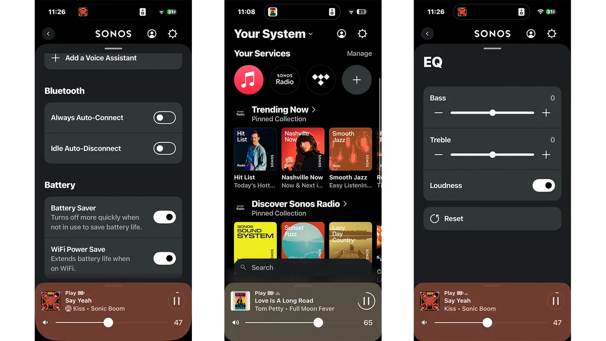 Sonos app screenshot with three panels