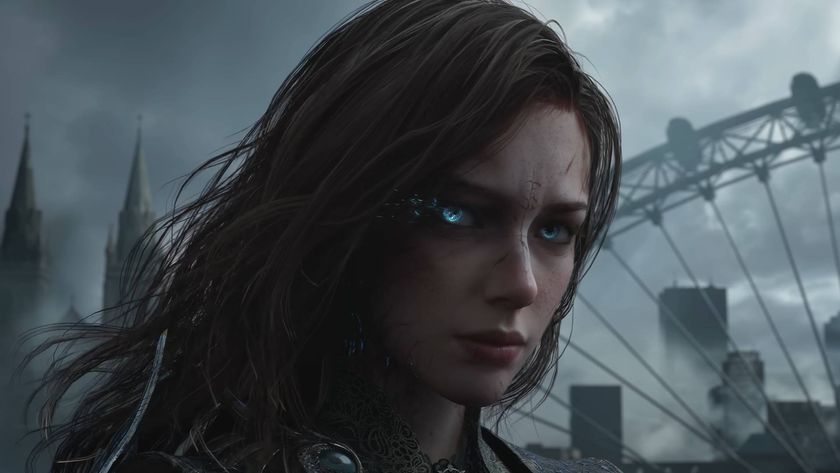 Tides of Annihilation protagonist Gwendolyn, a woman with long brown hair and glowing blue eyes, looks to the camera.