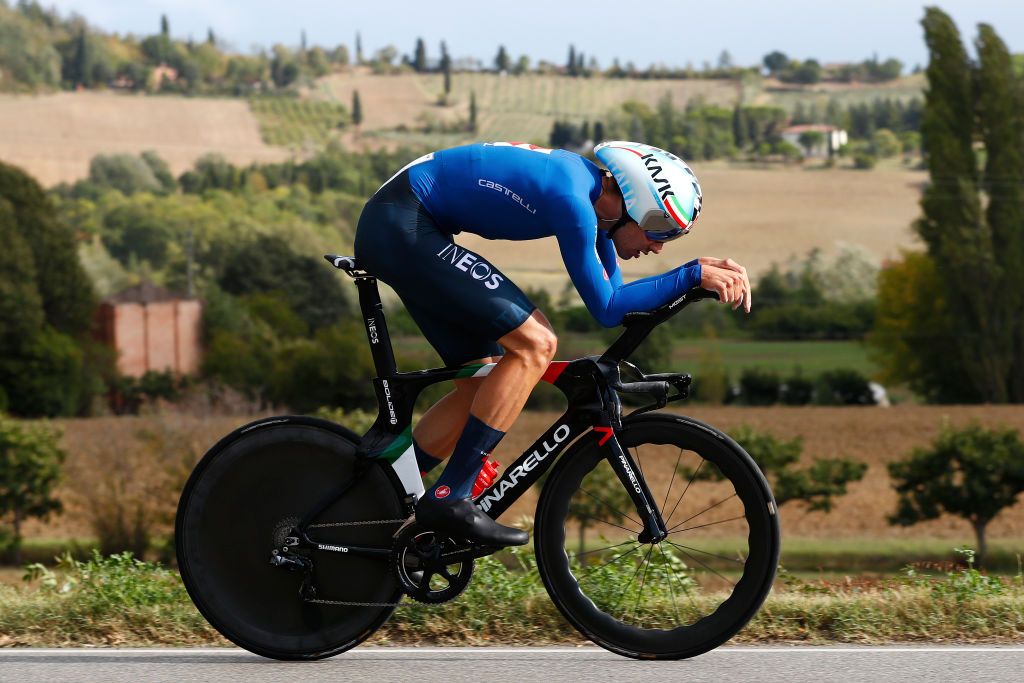IMOLA ITALY SEPTEMBER 25 Filippo Ganna of Italy during the 93rd UCI Road World Championships 2020 Men Elite Individual Time Trial a 317km race from Imola to Imola Autodromo Enzo e Dino Ferrari ITT ImolaEr2020 Imola2020 on September 25 2020 in Imola Italy Photo by Bas CzerwinskiGetty Images
