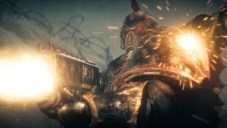 A Night Lord traitor marine fires his bolter while taking fire