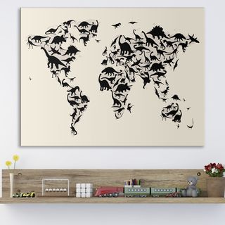 world map with dinosaur canvas and wooden shelves