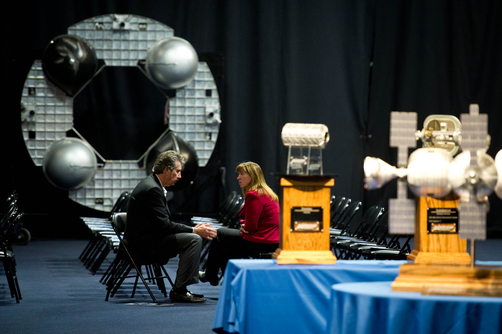 NASA Deputy Administrator Lori Garver talks with Bigelow Aerospace President Robert Bigelow prior to touring their facilities on Feb. 4, 2011 in Las Vegas. NASA has been discussing potential partnership opportunities with Bigelow for its inflatable habita