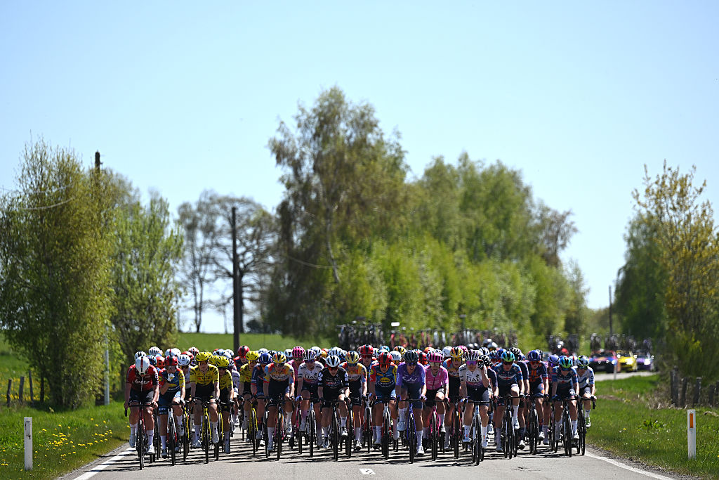 The peloton competing during the 10th Liege - Bastogne - Liege Femmes 2026. (Photo by Luc Claessen/Getty Images)