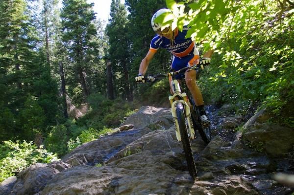 Adam Craig (Rabobank-Giant Off Road Racing Team) attacks the waterfall during Sunday&rsquo;s Downieville downhill race
