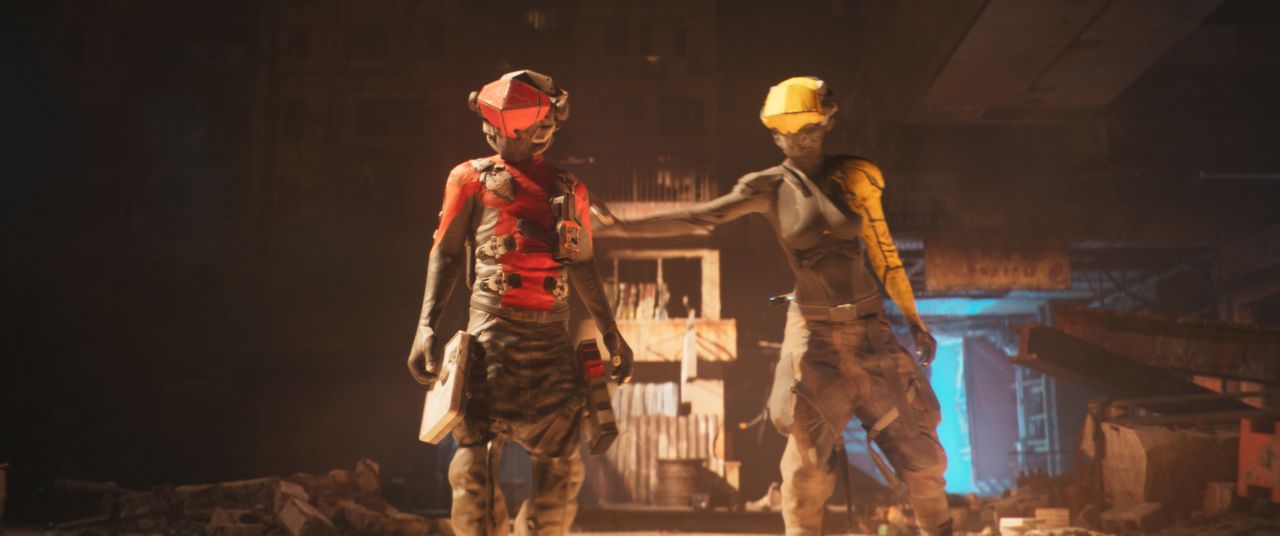 Babiru DaVinci Resolve colour tips; two cyberpunk sci-fi characters stand doorway, lit from behind by blue neon light