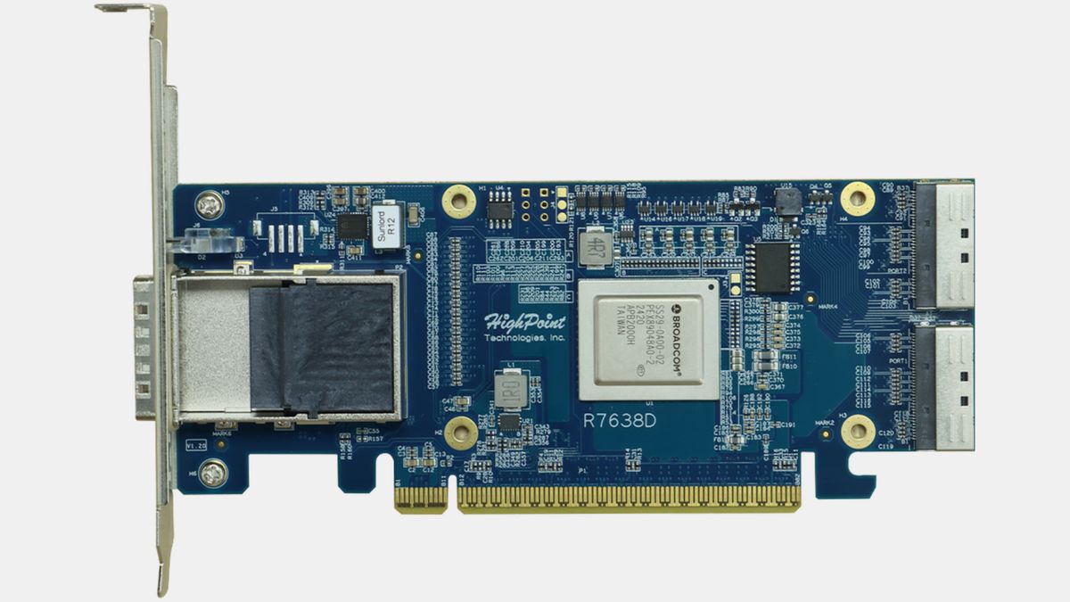 HighPoint's adapter enables GPUDirect storage — up to 64 GB/s from drive to GPU, bypassing the CPU