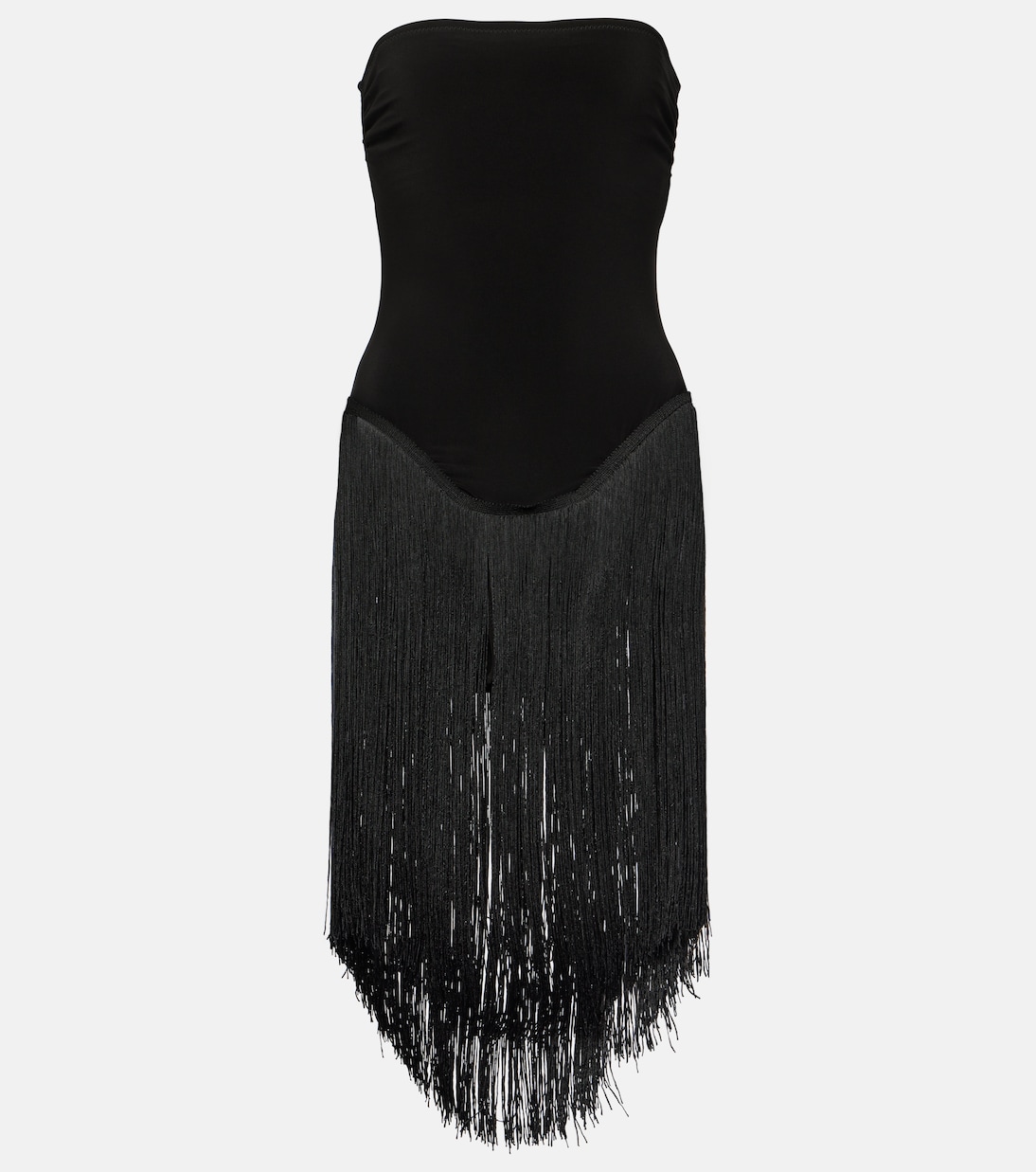 18" Fringe Bishop Strapless Minidress in Black - Norma Kamali