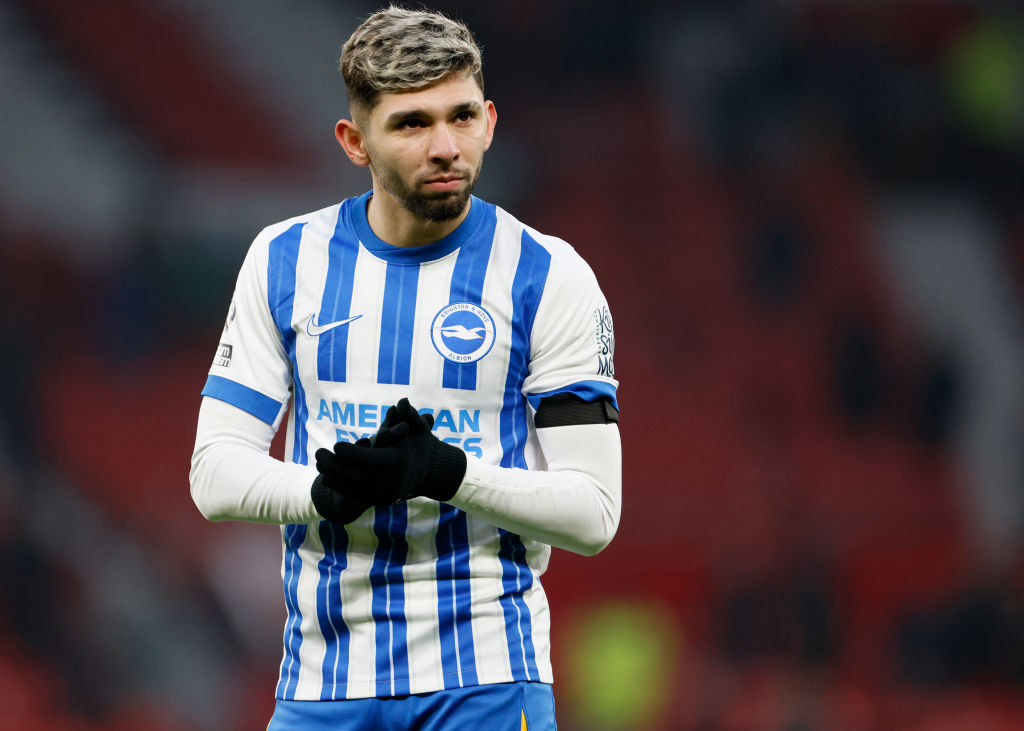 MANCHESTER, ENGLAND - JANUARY 19: Julio Enciso of Brighton and Hove Albion celebrates during the Premier League match between Manchester United FC and Brighton & Hove Albion FC at Old Trafford on January 19, 2025 in Manchester, England. (Photo by Richard Sellers/Sportsphoto/Allstar via Getty Images)