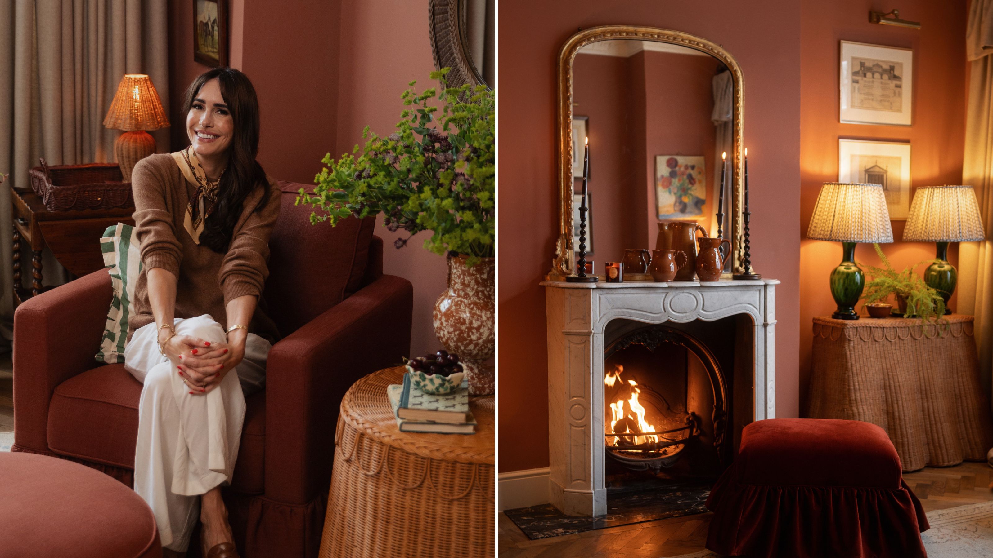 Louise Roe and a cosy living room fireplace
