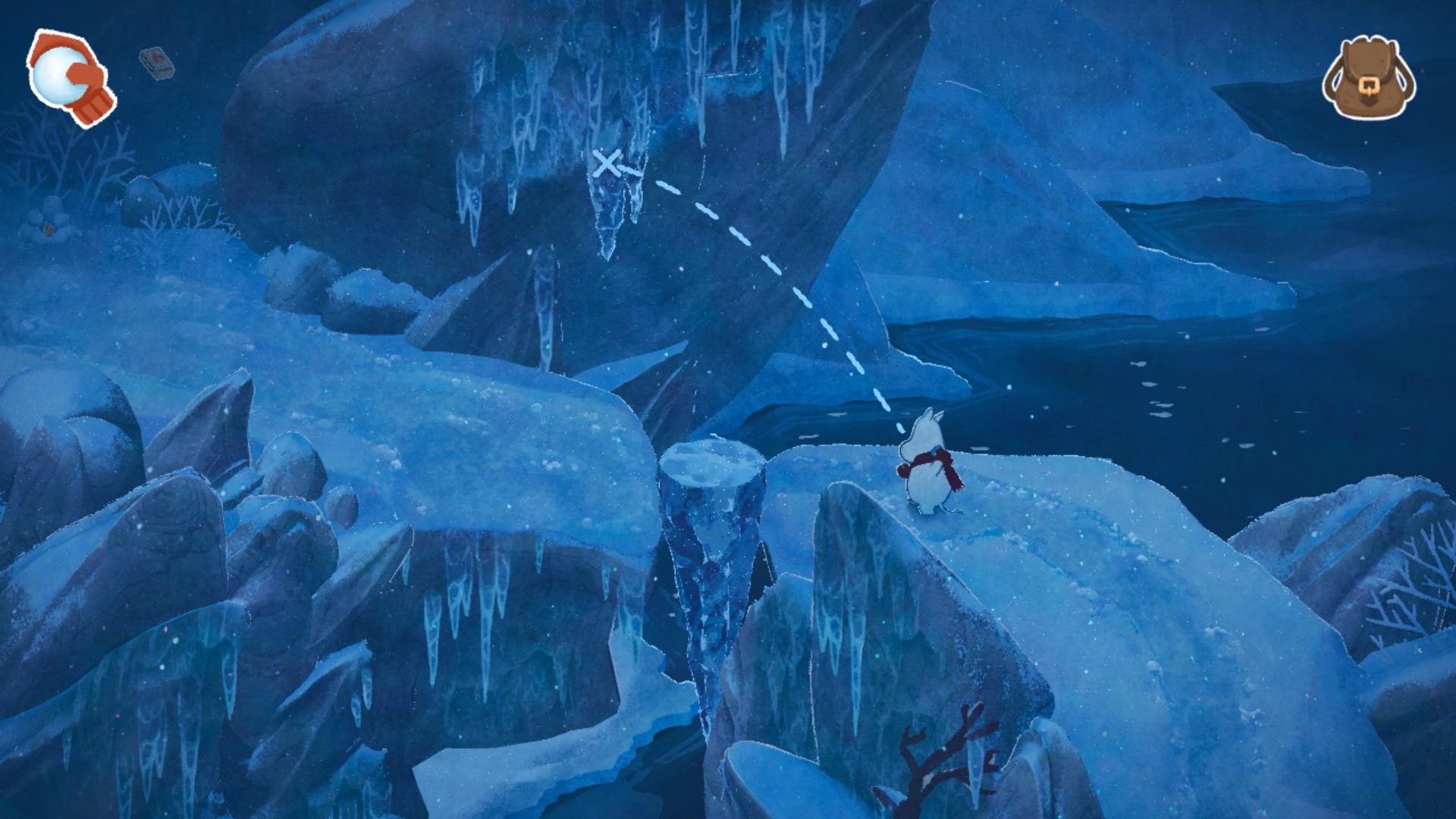 Moomintroll throws a snowball at an icicle