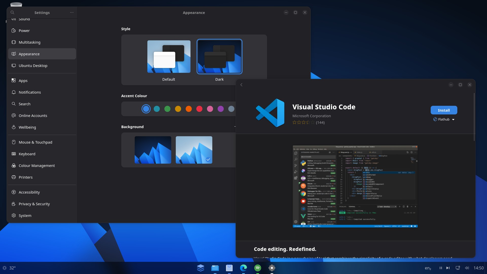 AnduinOS settings and app catalog showing Microsoft VS Code.