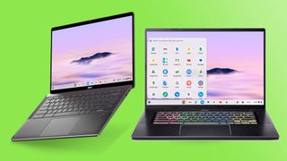Acer Chromebook Plus Spin 714 and Chromebook Plus 516 GE against green background