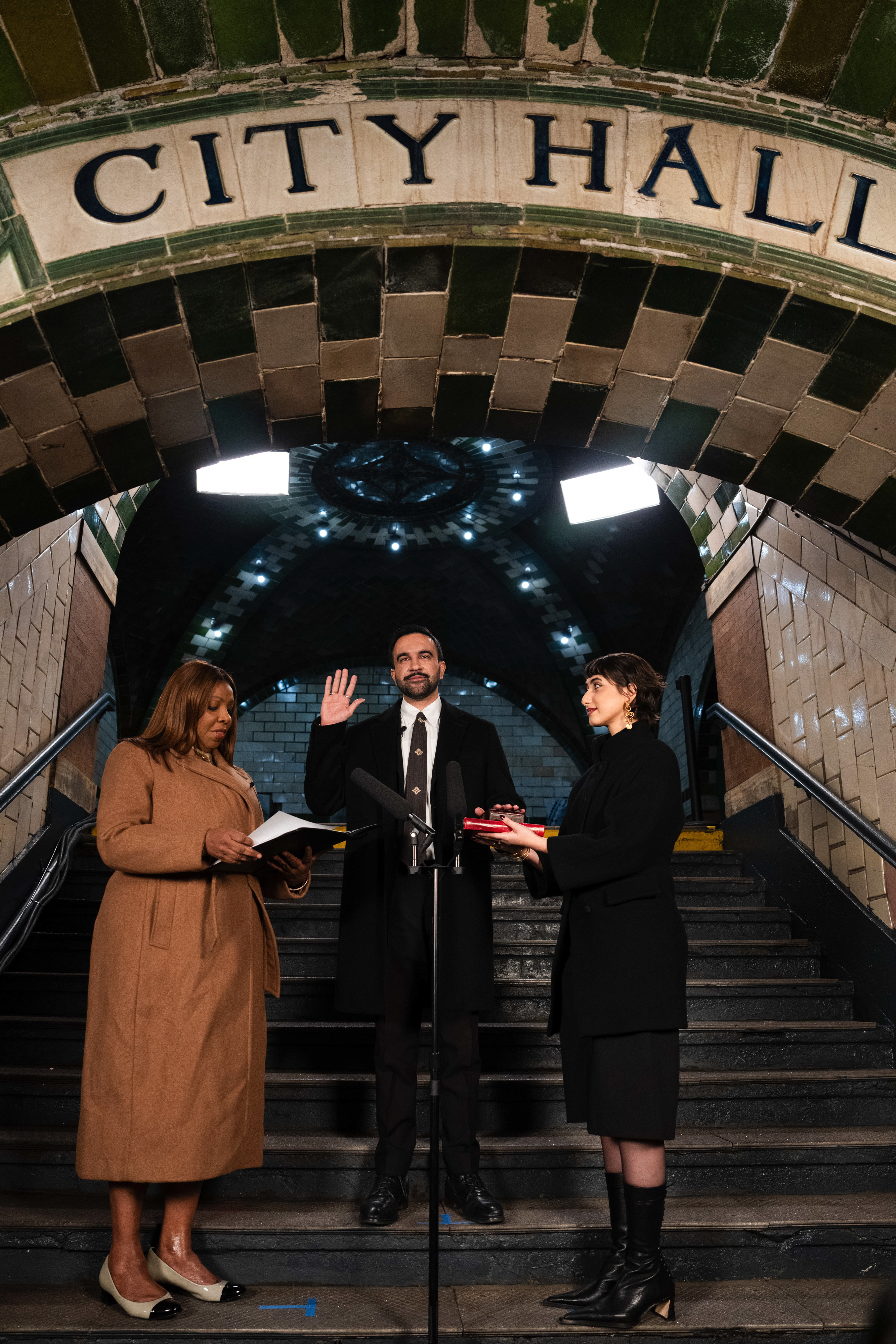 Zohran Mamdani and Rama Duwaji at the City Hall Subway inauguration ceremony