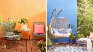 Collage of two gardens with colourful walls, one painted peach one painted blue