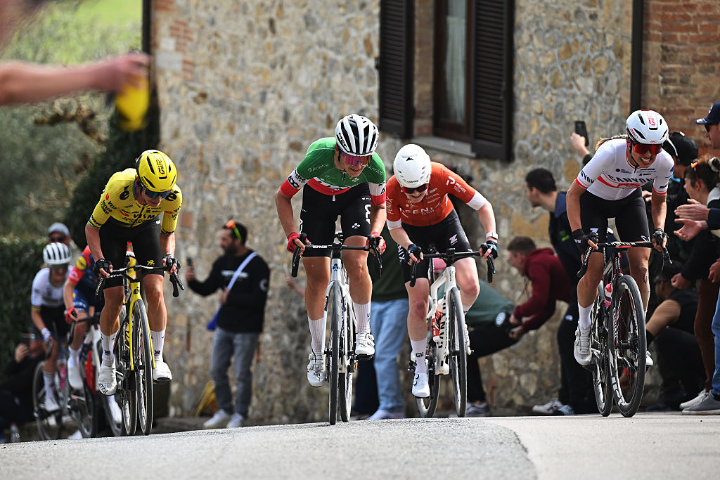 SIENA, ITALY - MARCH 07: (L-R) Marianne Vos of Netherlands and Team Visma | Lease a Bike, Elisa Longo Borghini of Italy and UAE Team ADQ, Puck Pieterse of Netherlands and Team Fenix-Premier Tech and Kasia Niewiadoma of Poland and Team CANYON//SRAM zondacrypto compete in the breakaway during to the 12th Strade Bianche Donne 2026 a 133km one day race from Siena to Siena / #UCIWWT / on March 07, 2026 in Siena, Italy. (Photo by Luc Claessen/Getty Images)