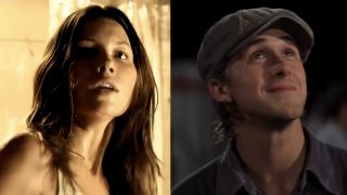 Jessica Biel looking terrified in iconic tank top in The Texas Chainsaw Massacre, Ryan Gosling wearing a cabby hat and looking up in the Notebook.