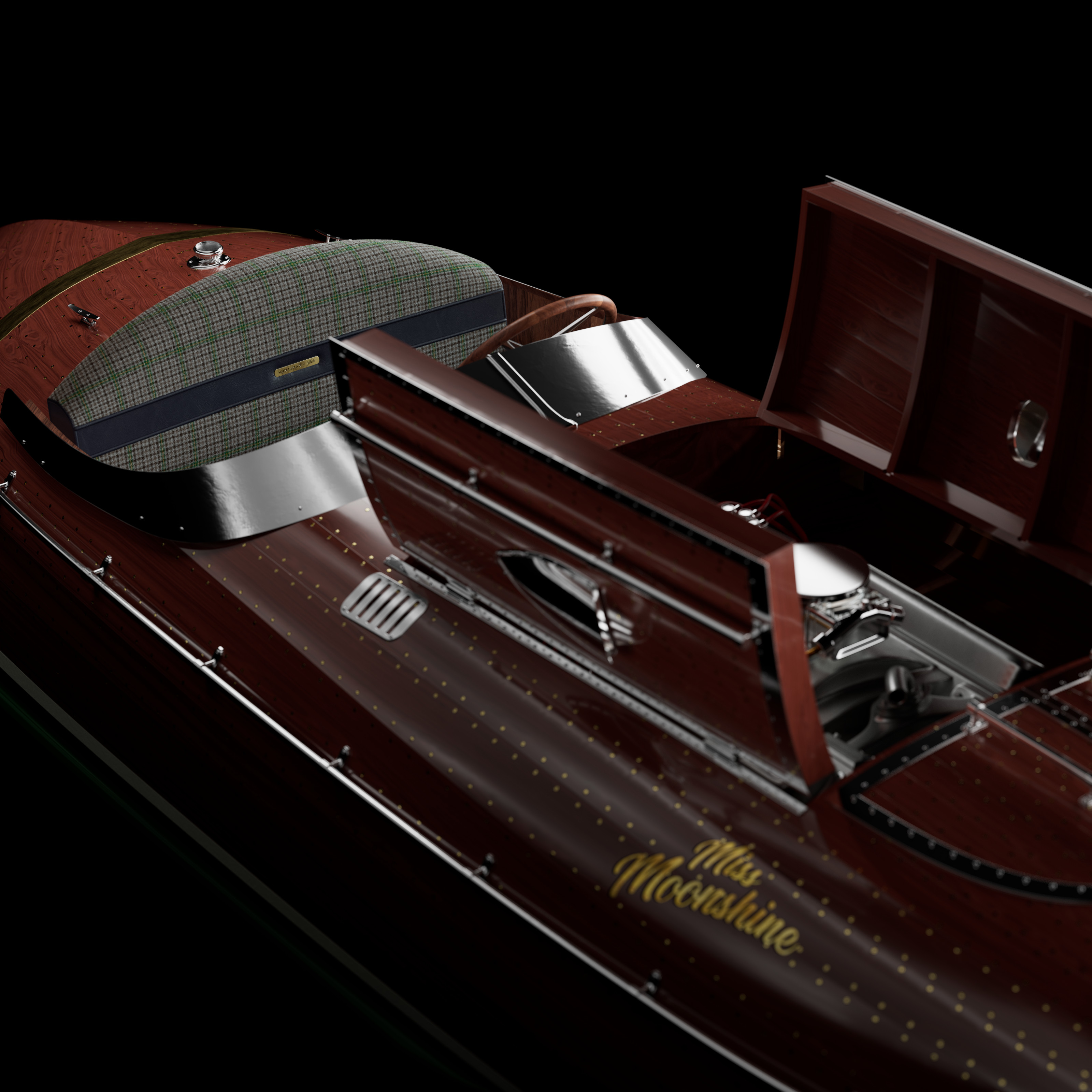 Powered by a V8, the boat is fast and beautiful