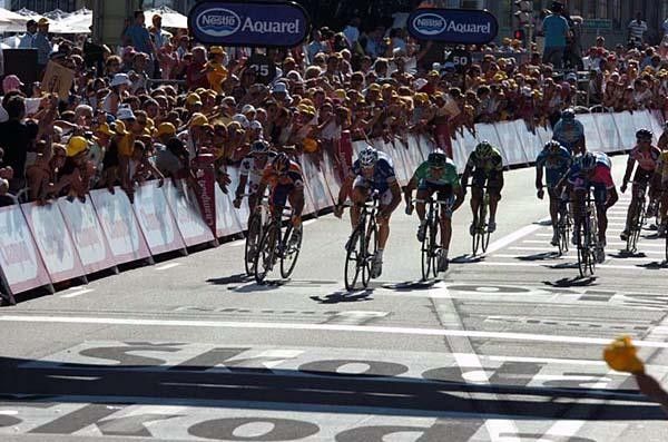 Boonen comes to the line ahead of the others.