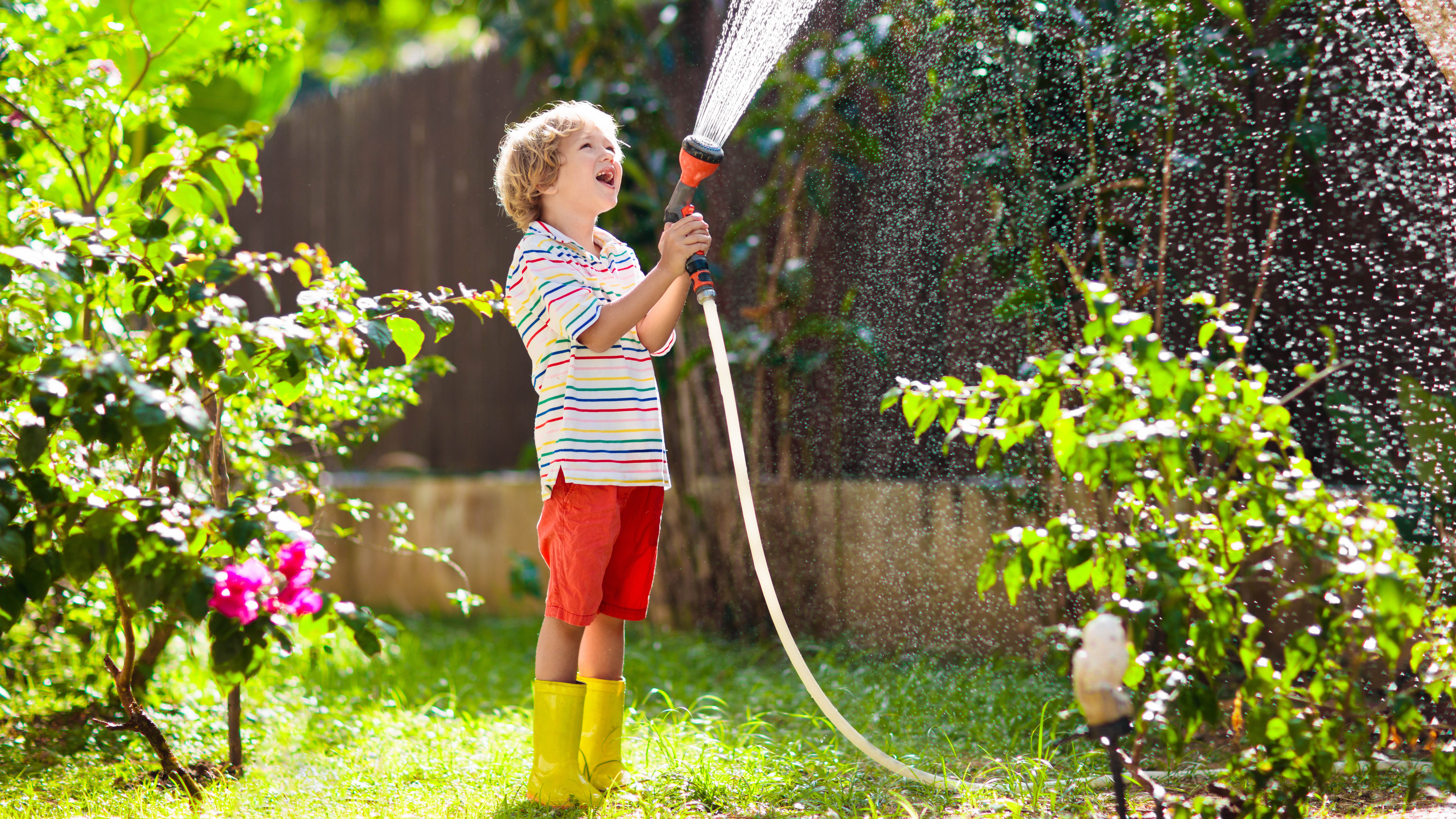 A child spraying a hose upwards at plants