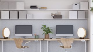 twin home office with floating shelving and home office storage