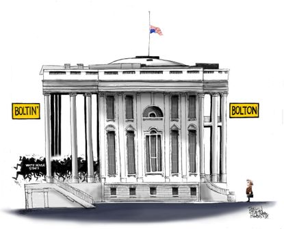 Political cartoon U.S. John Bolton White House chaos revolving door