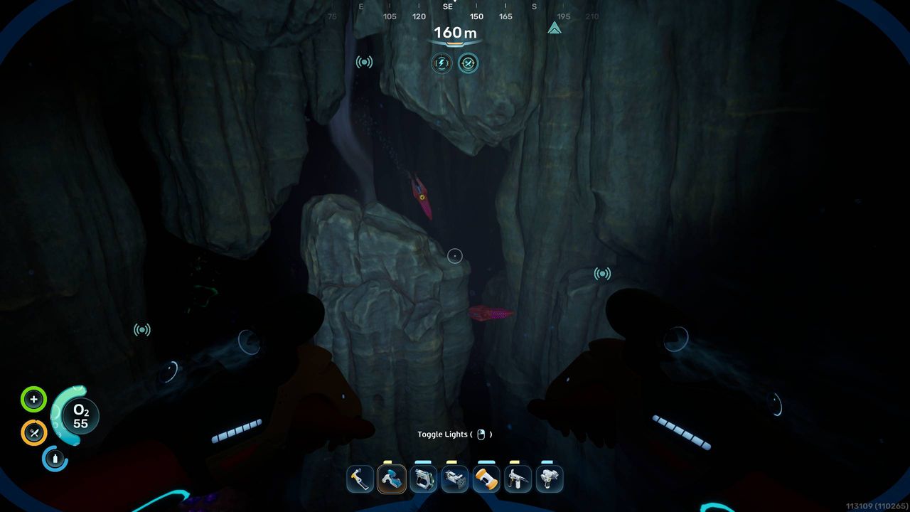 Subnautica 2 Biomods: A player looking at two Bulletheads in a dark cave.