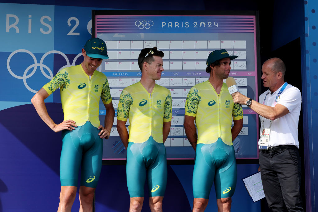 PARIS FRANCE AUGUST 03 Ben Oconnor Simon Clarke and Michael Matthews of Team Australia prior to the Mens Road Race on day eight of the Olympic Games Paris 2024 at trocadero on August 03 2024 in Paris France Photo by Tim de WaeleGetty Images