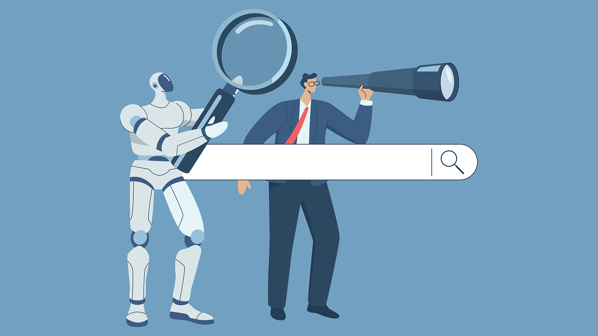 AI browser concept image showing web search bar with a robot holding a magnifying glass next to a human using a telescope. 