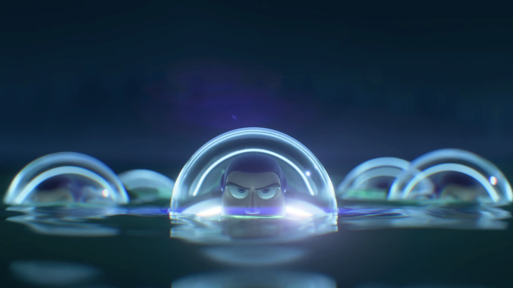Group of new Buzz toys rising up out of the water in Toy Story 5
