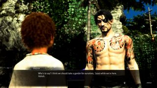 Majima talks to Noah after washing up on a Hawaiian island.