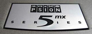 This is the classy Psion 5mx badge. The 5mx saw the light of day in the late 1990s. [Photo by Barry Gerber]