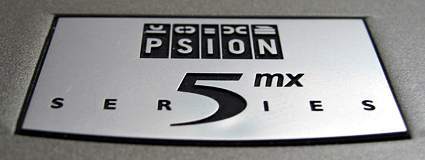 This is the classy Psion 5mx badge. The 5mx saw the light of day in the late 1990s. [Photo by Barry Gerber]