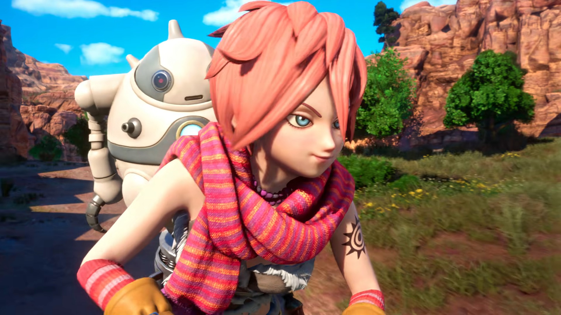 A red-headed girl in rugged clothing is travelling across a mountainous terrain accompanied a sphere-shaped robot companion.
