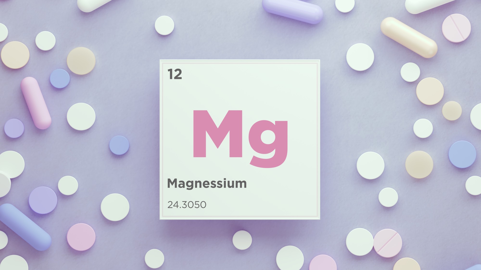 Pills with mineral Mg (magnesium) on a purple background with an inscription from the chemical table