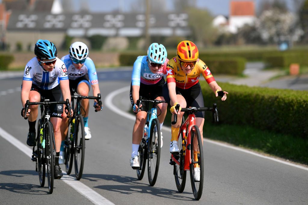 DE PANNE BELGIUM MARCH 24 LR Antonia Grndahl of Finland and Team Ibct Nicole Steigenga of Netherlands and Team Coop Hitec Products April Tacey of United Kingdom and Team Le Col Wahoo and Hannah Ludwig of Germany and UnoX Women Cycling Team compete in the breakaway during the 5th Exterioo Womens Classic BruggeDe Panne 2022 a 1628km one day race from Brugge to De Panne Exteriooclassic UCIWWT on March 24 2022 in De Panne Belgium Photo by Luc ClaessenGetty Images