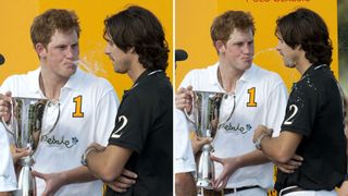 Two photos of Prince Harry spitting a drink on someone