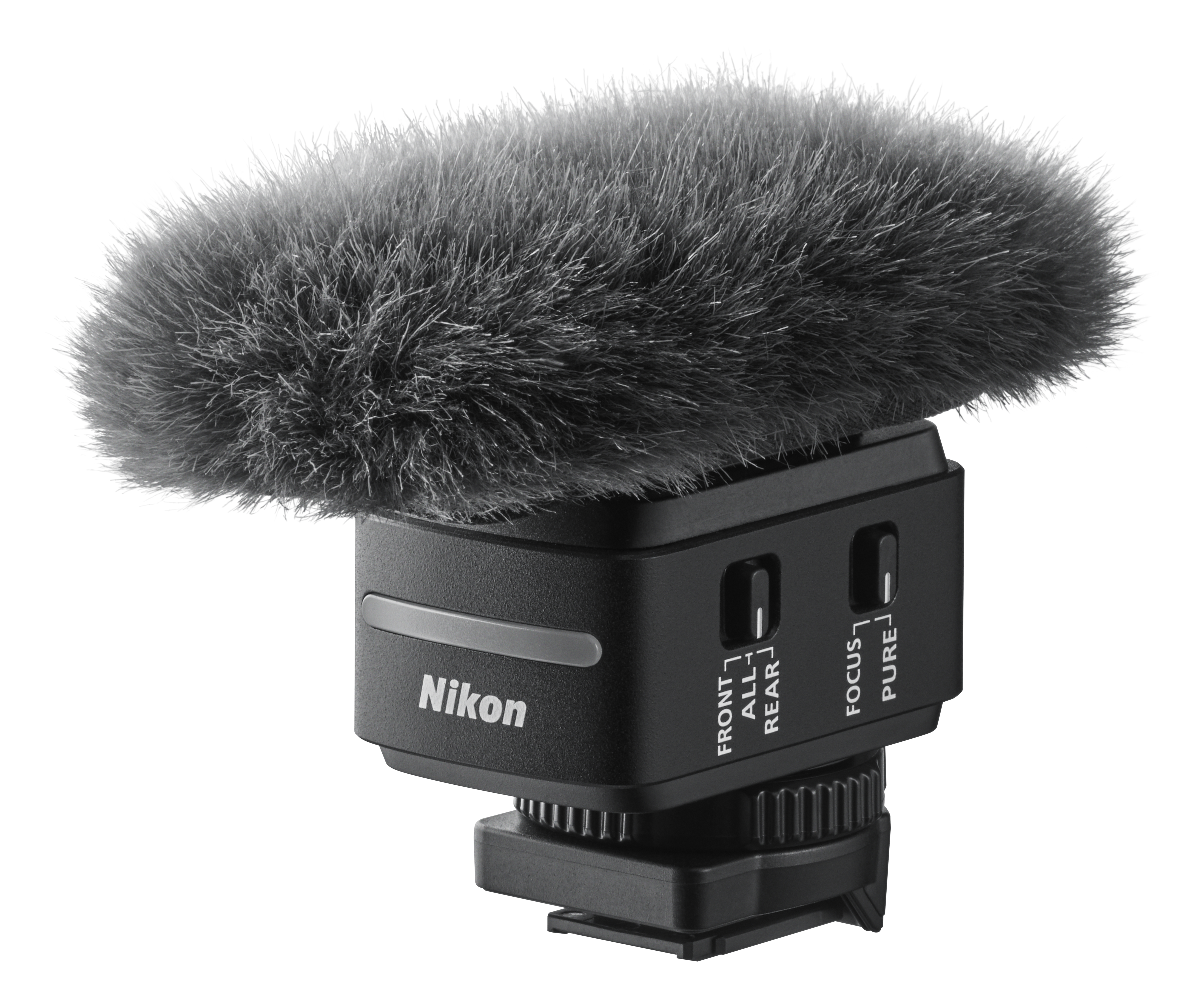 Front of Nikon ME-D10 shotgun mic for Nikon ZR three-quarters view with wind muff