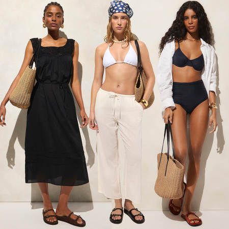 photo collage of J.Crew models wearing Crochet-Trim Dress, Ruched High-Rise Full-Coverage Bikini Bottom, Airy Gauze Beach Pants on beige background 