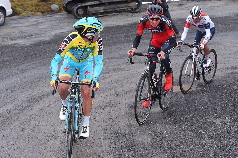 Miguel Angel Lopez leads van Garderen and Pantano up the final climb during stage 9 at Tour de Suisse