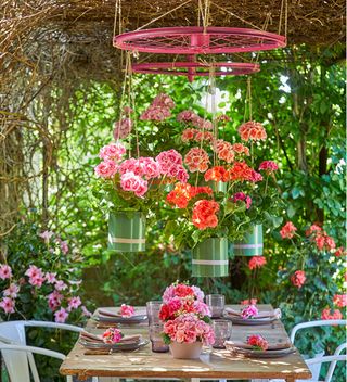 Pergola ideas with hanging flowers in tins